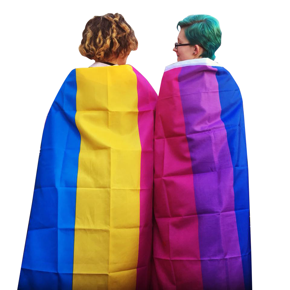 Two people wearing a pansexual flag and a bisexual flag as capes