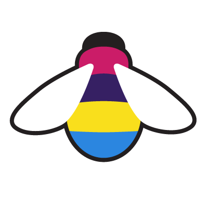 BRC logo of bee with pink, purple, yellow, and blue stripes