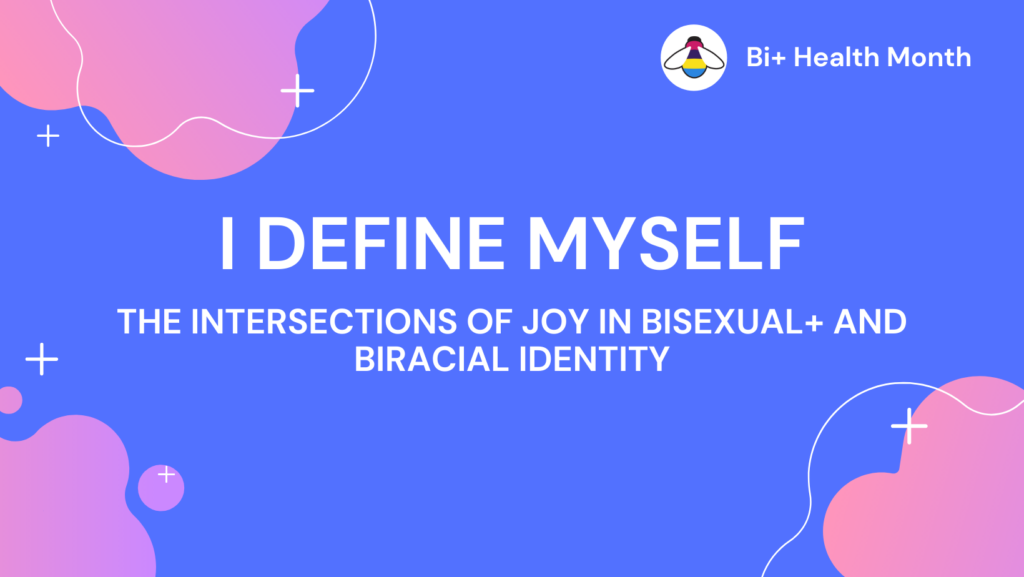 Light periwinkle background, with pink clouds, and white text that reads "I Define Myself: Intersections of Joy in Bisexual+ and Biracial Identity"