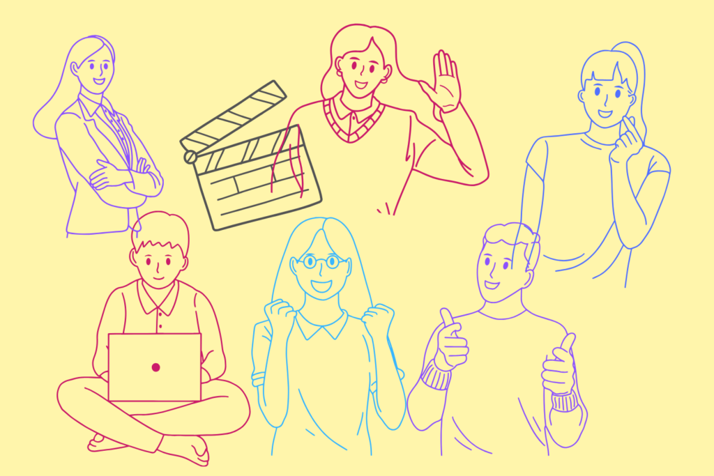 line illustration of six people, the one in the upper middle has a movie clap board