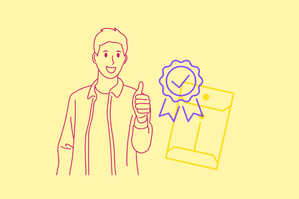 line drawing of masculine-presenting person with a thumbs-up next to a document envelop with a seal of approval on it