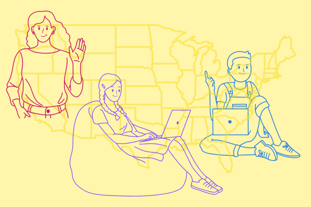 line illustration of three people, with a line illustration of a map of the united states in the background
